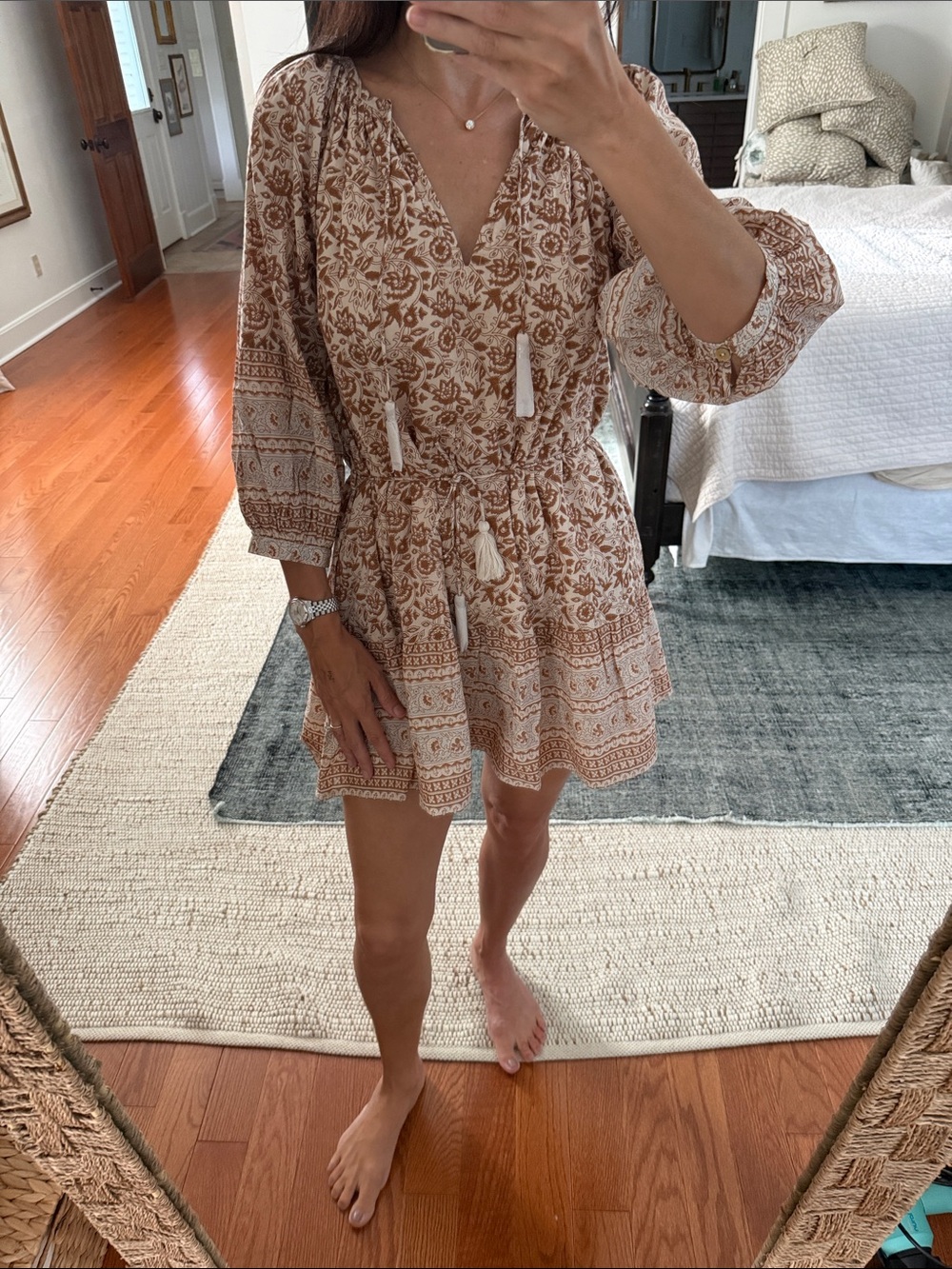Cleobella BNWY Boho Tassel Tie Floral Mini Dress in Beige, Light Blue and White